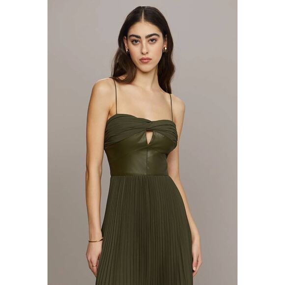 AMUR Linda Leather Crepe Midi Dress Olive Green 8 Sleeveless Cocktail Fit Flare - Picture 4 of 7
